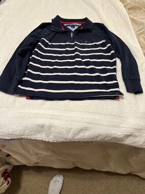 Tommy Hilfiger Navy and White Striped Quarter-Zip Pullover size 7 logo
